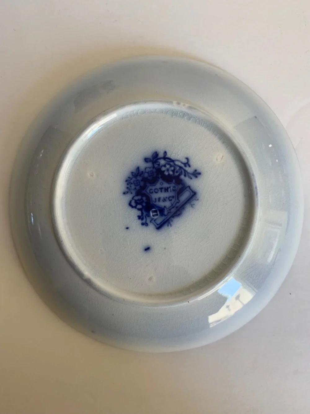 Antique Staffordshire Gothic Blue Transferware Saucer JF & Co Ironstone 1800s